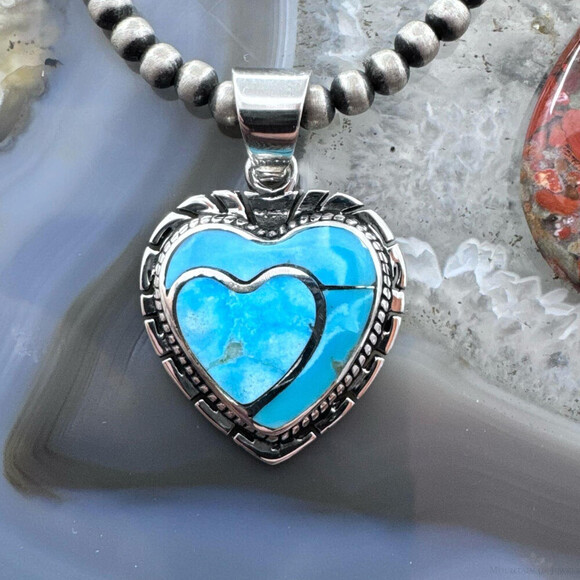Native American Sterling Blue Ridge Turquoise Decorated Double Heart Pendant - Picture 1 of 10